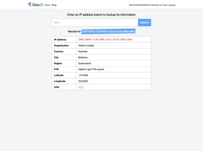screenshot of Geojs App