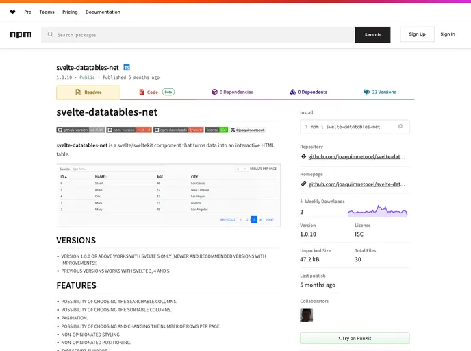 screenshot of Svelte Datatables Net