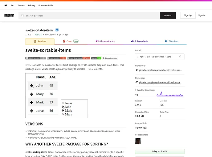 screenshot of Svelte Sortable Items