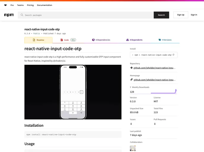 screenshot of React Native Input Code Otp