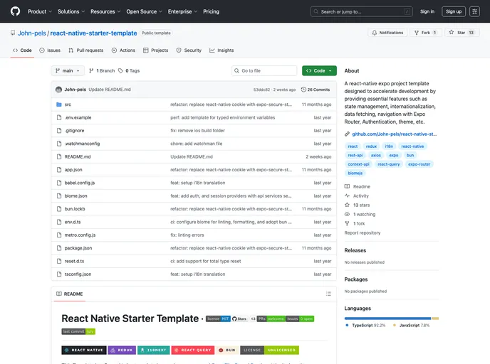 screenshot of React Native Starter Template
