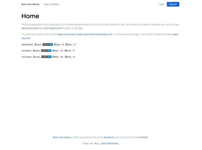 screenshot of Koa Vue Notes Project