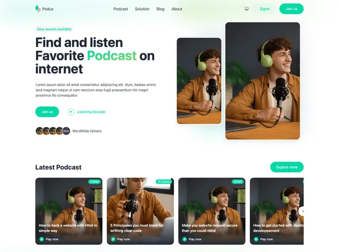 screenshot of Podcas Landing Page