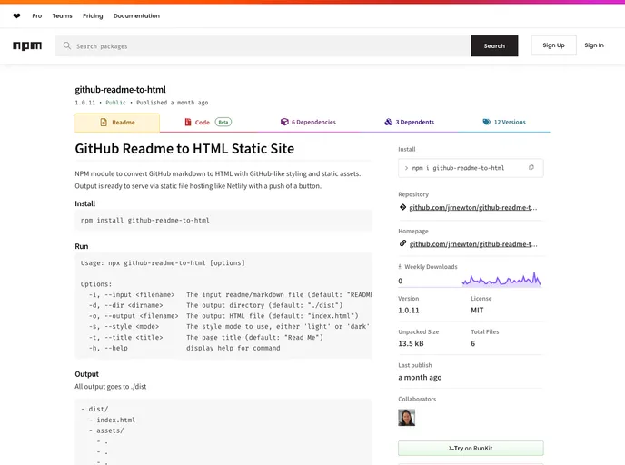screenshot of Github Readme To Html