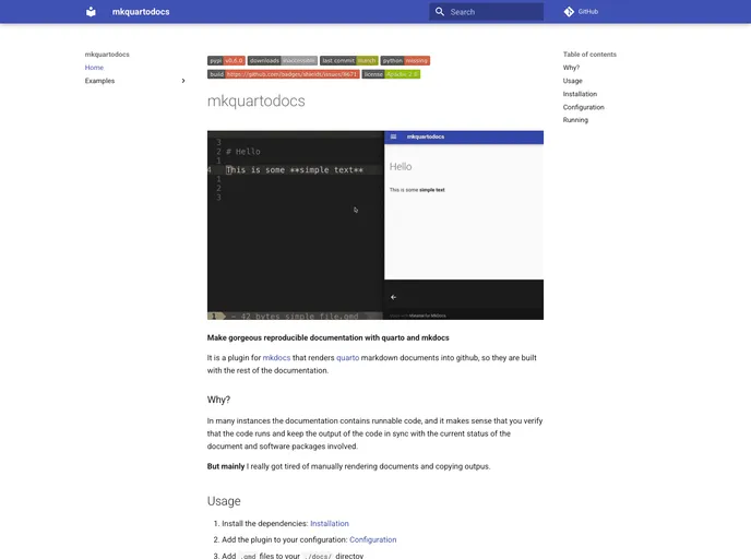 screenshot of Mkquartodocs