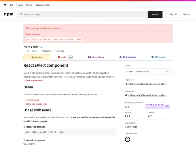 screenshot of React S Alert
