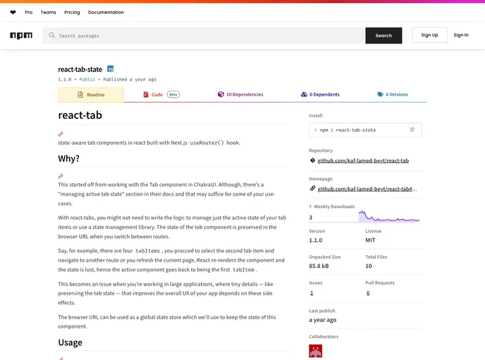 screenshot of React Tab