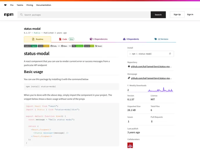 screenshot of Status Modal