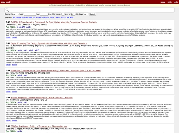 screenshot of Arxiv Sanity Lite