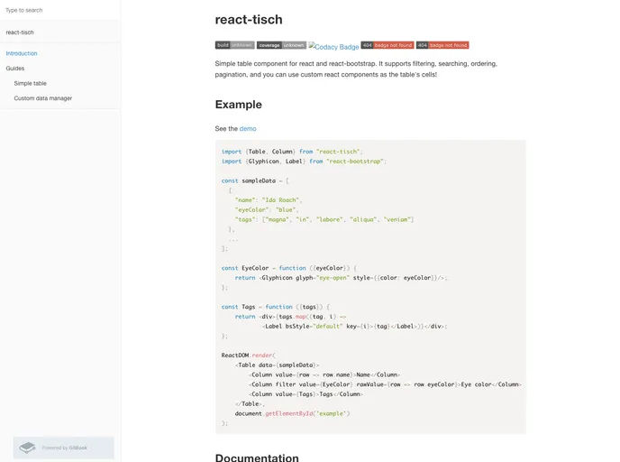 screenshot of React Tisch