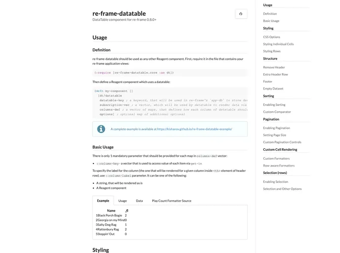 screenshot of Re Frame Datatable