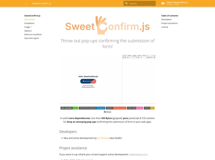 screenshot of Sweetconfirm.js