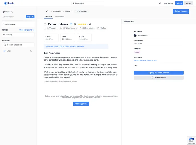 screenshot of Extract News Api