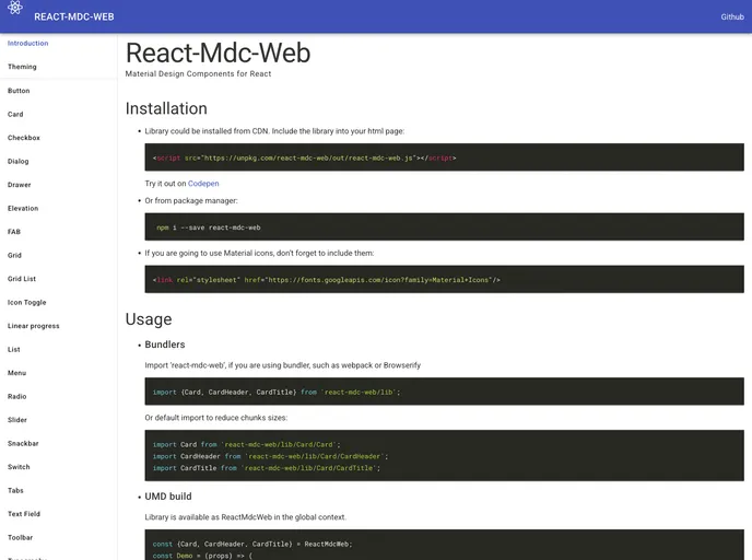 screenshot of React Mdc Web