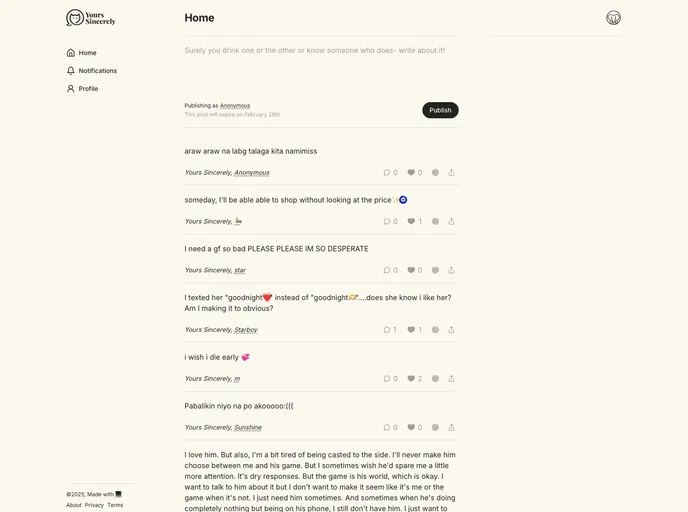 screenshot of Yours Sincerely