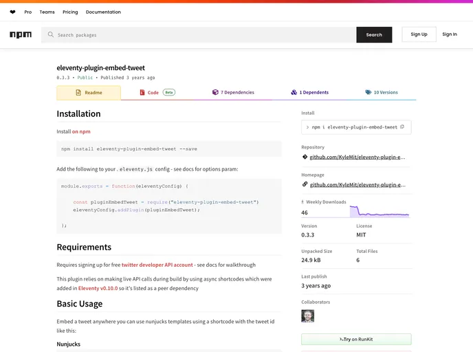 screenshot of Eleventy Plugin Embed Tweet