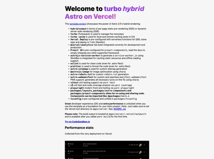 screenshot of Turbo Hybrid Astro On Vercel
