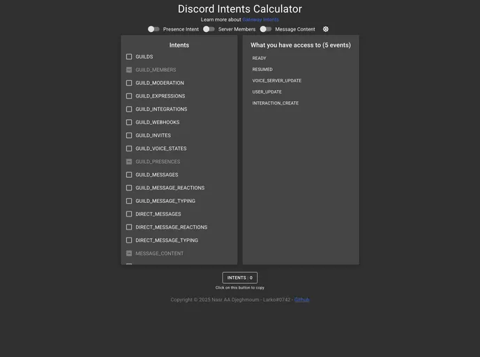 screenshot of Discord Intents Calculator