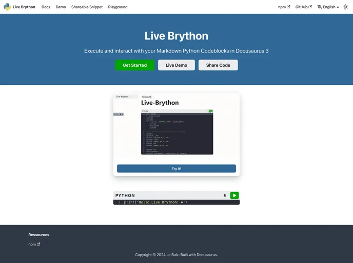 screenshot of Docusaurus Live Brython