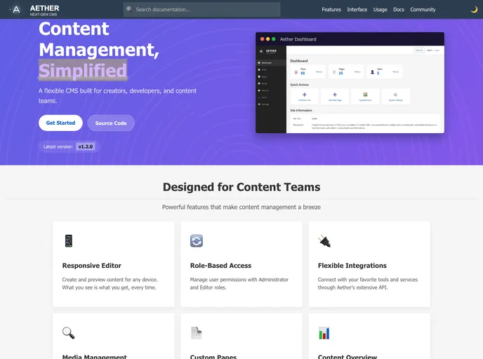 screenshot of Aether Cms