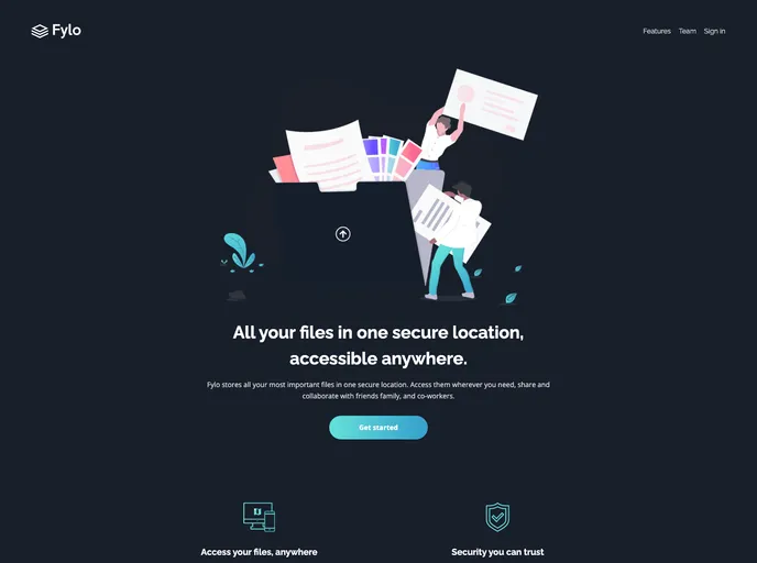 screenshot of Fylo Dark Theme Landing Page