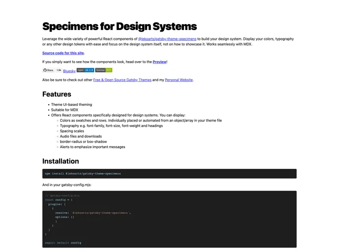 screenshot of Gatsby Starter Specimens