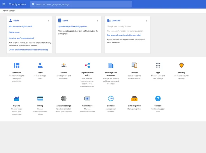 screenshot of Vuetify Admin Console