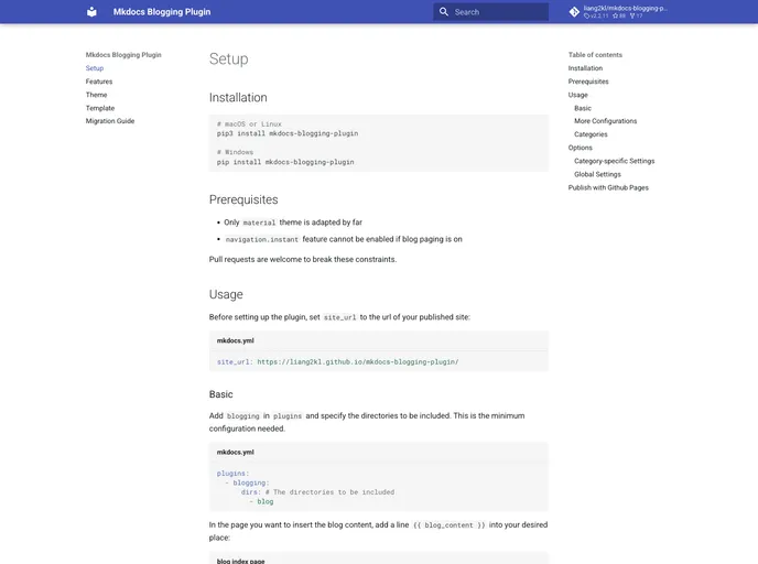 screenshot of Mkdocs Blogging Plugin