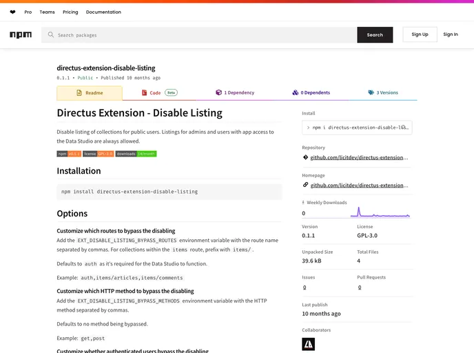 screenshot of Directus Extension Disable Listing