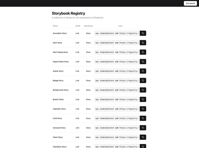 screenshot of Shadcn Storybook Registry