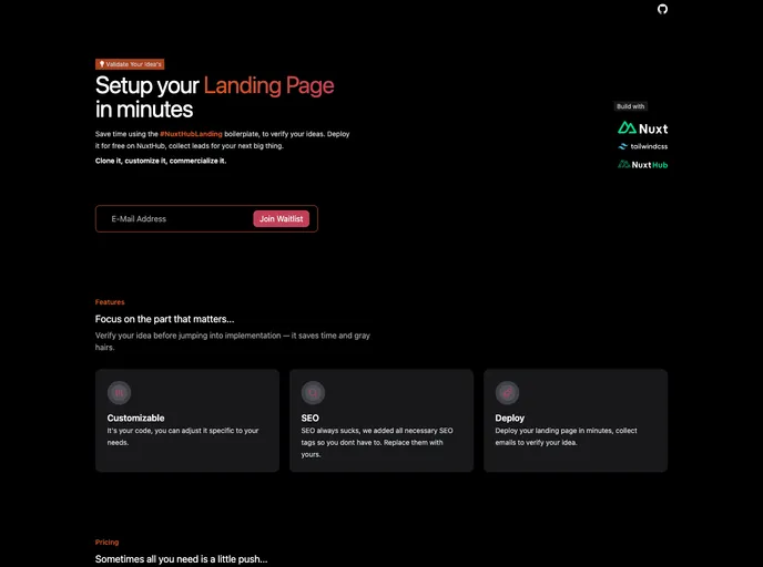 screenshot of Nuxt Hub Landing