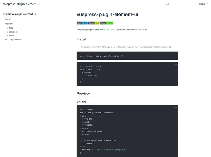 screenshot of Vuepress Plugin Element UI