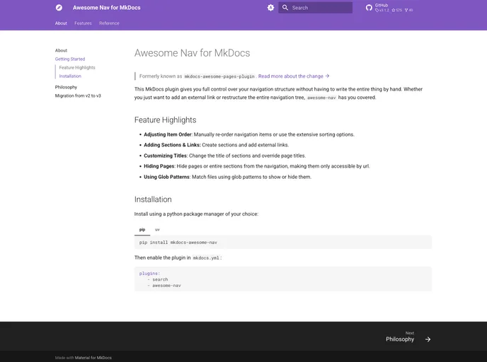 screenshot of Mkdocs Awesome Nav