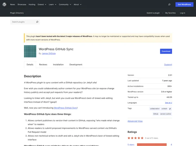 screenshot of Wordpress Github Sync