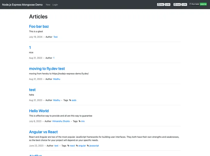 screenshot of Node Express Mongoose Demo