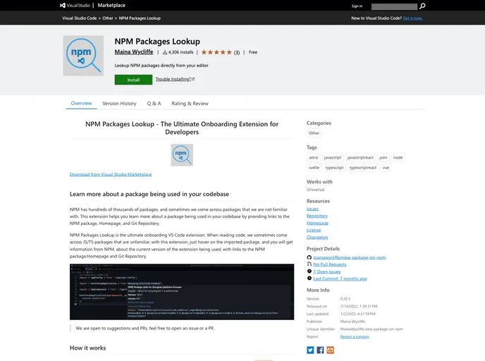 screenshot of Npm Packages Lookup