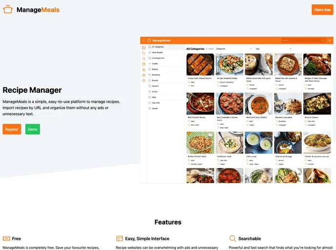 screenshot of Manage Meals Web