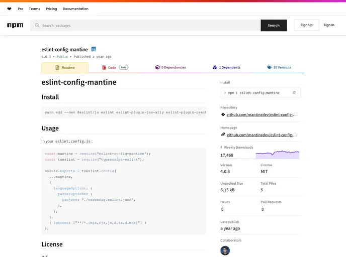 screenshot of Eslint Config Mantine