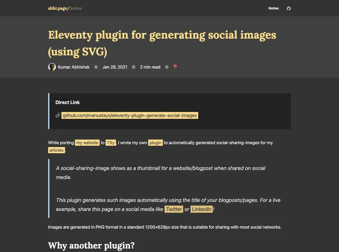 screenshot of Eleventy Plugin Generate Social Images
