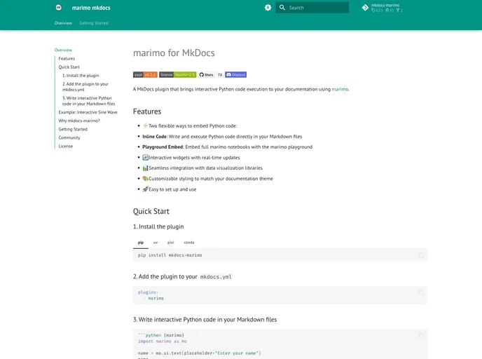 screenshot of Mkdocs Marimo