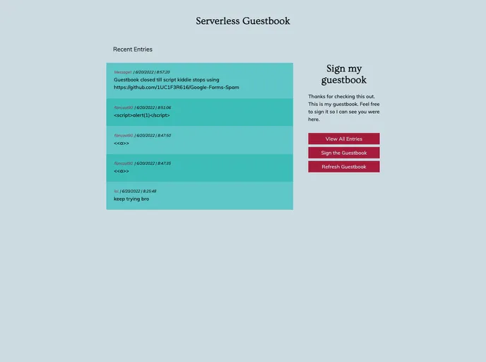 screenshot of Serverless Guestbook