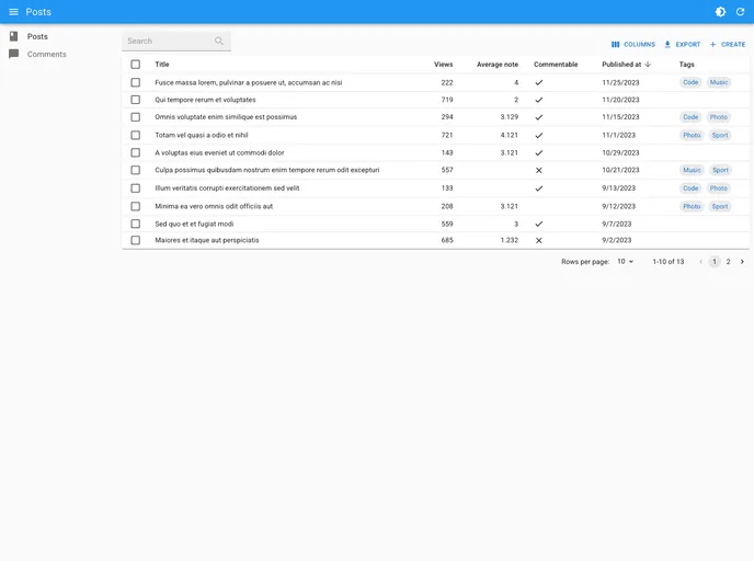 screenshot of Material UI React Admin
