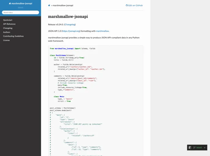 screenshot of Marshmallow Jsonapi
