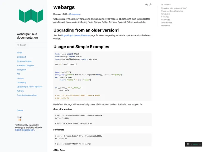 screenshot of Webargs