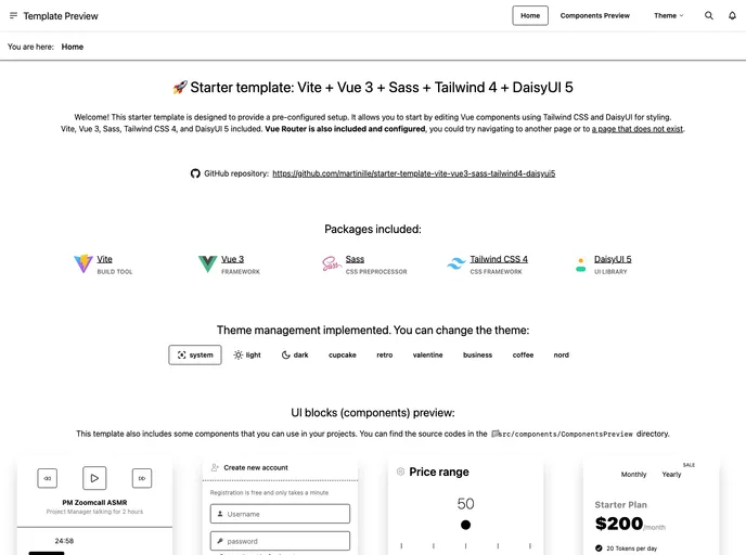 Starter Template Vite Vue3 Sass Tailwind4 Daisyui5 screenshot