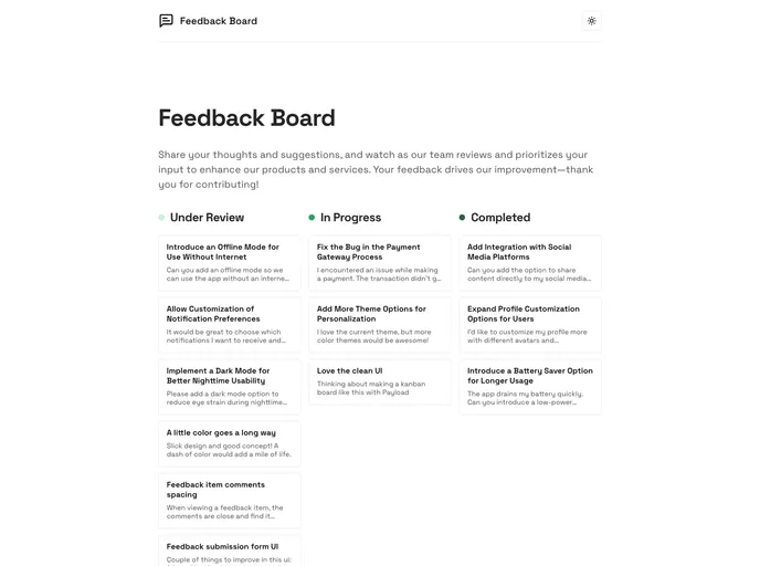 screenshot of Payload Feedback Board