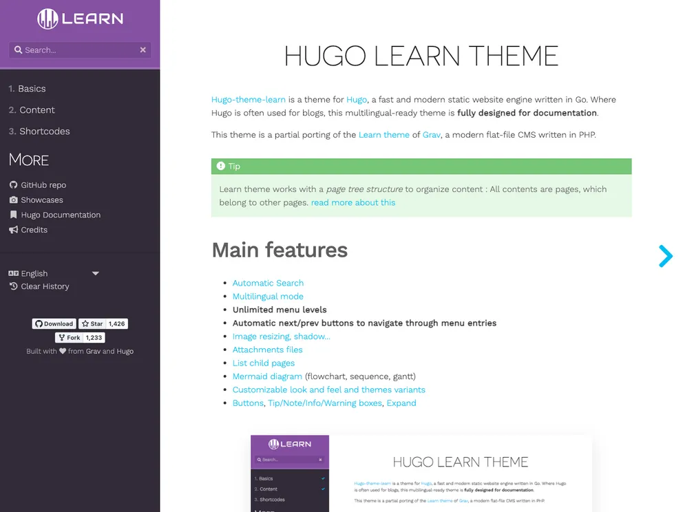 screenshot of Hugo Theme Learn