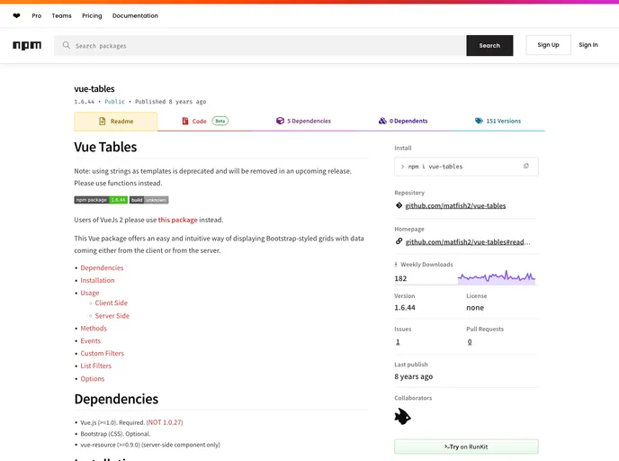 screenshot of Vue Tables