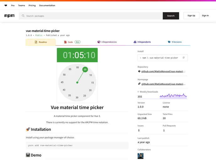 screenshot of Vue Material Time Picker
