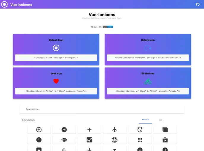 screenshot of Vue Ionicons